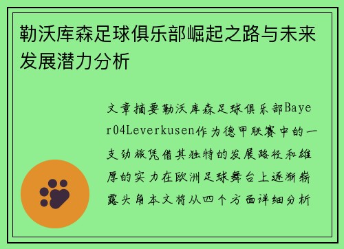 勒沃库森足球俱乐部崛起之路与未来发展潜力分析