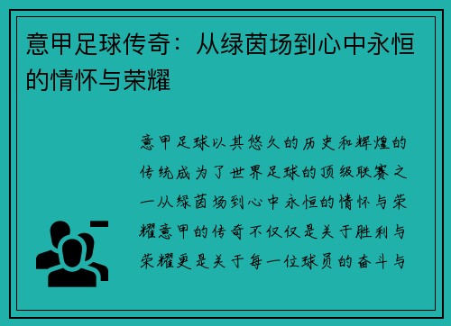 意甲足球传奇：从绿茵场到心中永恒的情怀与荣耀