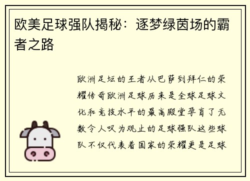 欧美足球强队揭秘：逐梦绿茵场的霸者之路