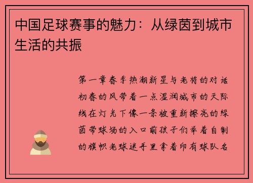 中国足球赛事的魅力：从绿茵到城市生活的共振