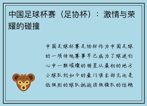 中国足球杯赛（足协杯）：激情与荣耀的碰撞