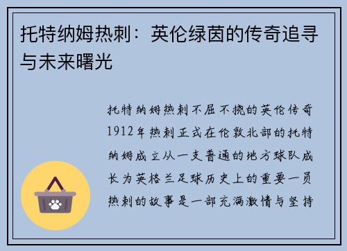 托特纳姆热刺：英伦绿茵的传奇追寻与未来曙光